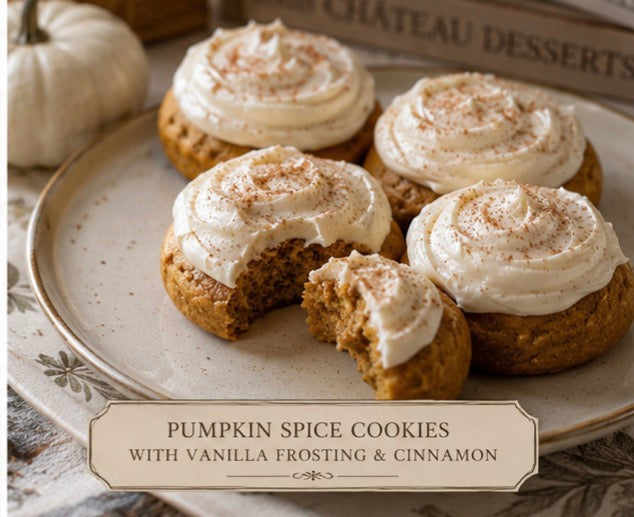 Gluten Free Pumpkin Cookies, with vanilla frosting and topped with cinnamon